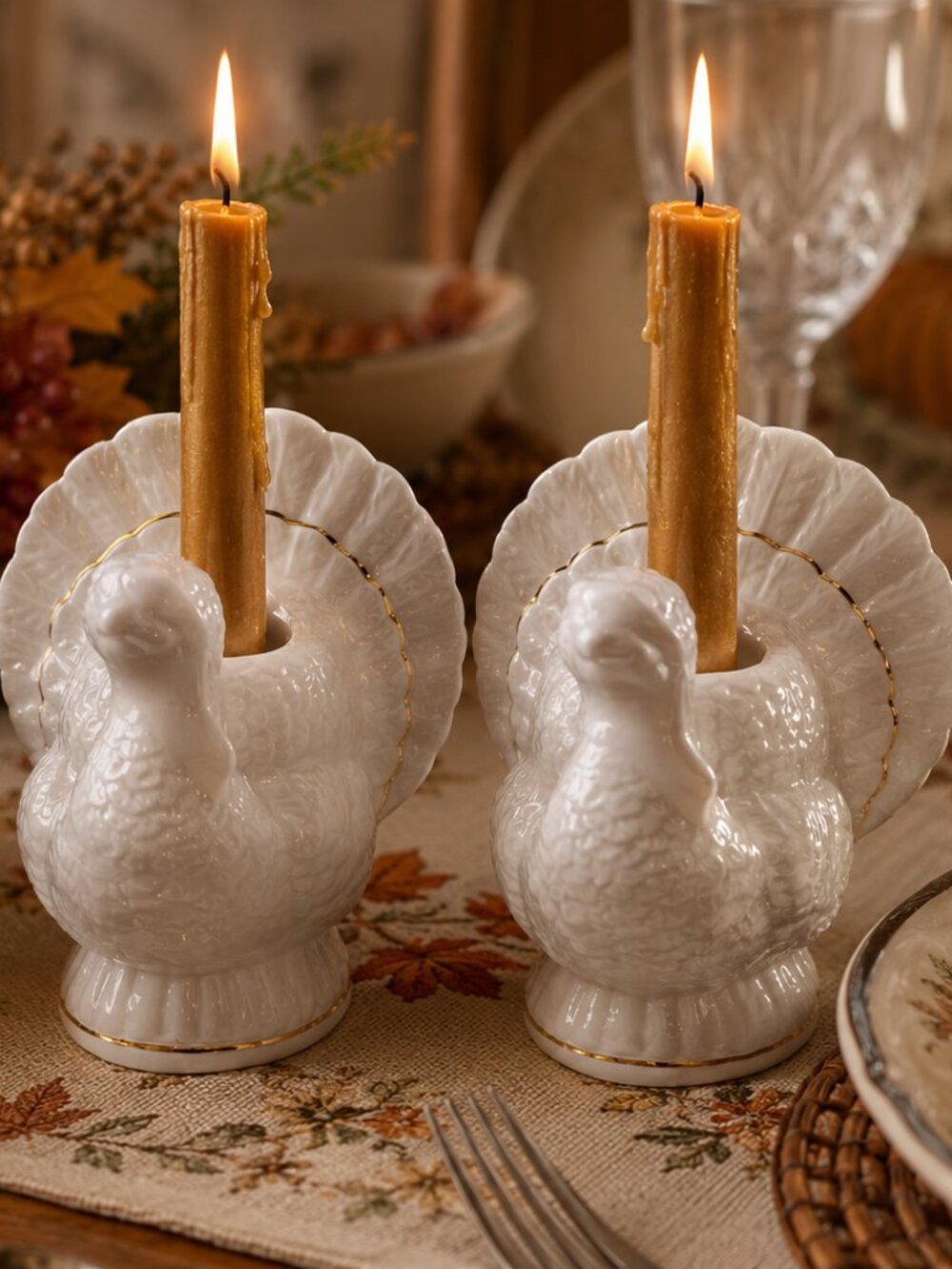 Vintage White Ceramic Turkey Taper Candle Holders Set of 2 Gold Trim 4"